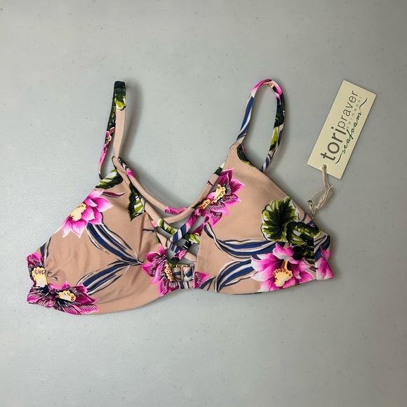 Tori Praver Seafoam Pastel Pink Tropical Floral Strappy Bikini Top Size XS NWT - Picture 2 of 5